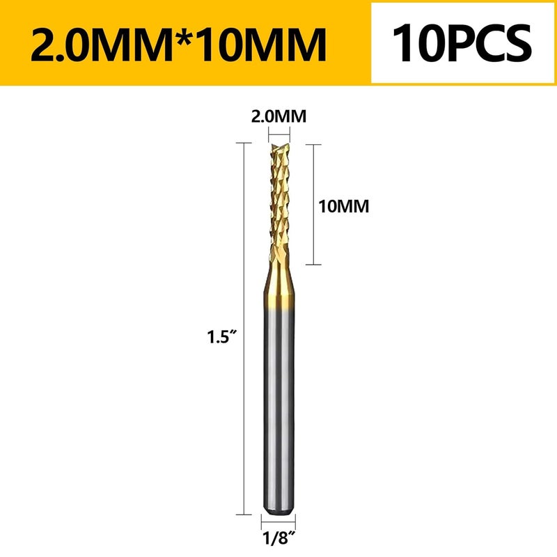WEXWE Tools 10Pcs 2.0mm TiN Coating Solid Carbide End Mill Engraving Milling Cutter CNC Router Bits for PCB Machine, 1/8" Shank 1BOX - Image 5